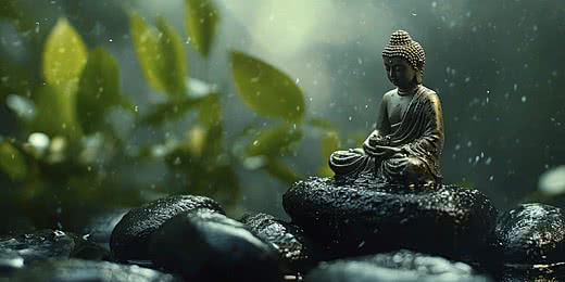 Pngtree a small buddha statue sits on top of smooth black rocks image 16939201