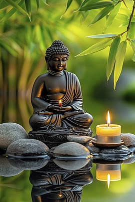Buddha statue with candle and rocks on water, green bamboo leave