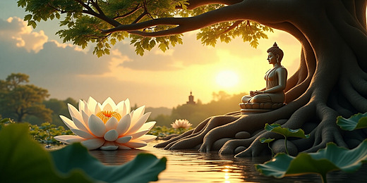 Pngtree a serene buddha statue meditating under large tree beside blooming lotus image 17204824