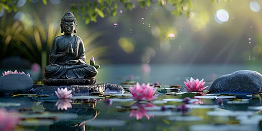 Pngtree meditative buddha statue surrounded by blooming lotuses in calm waters of image 16219214