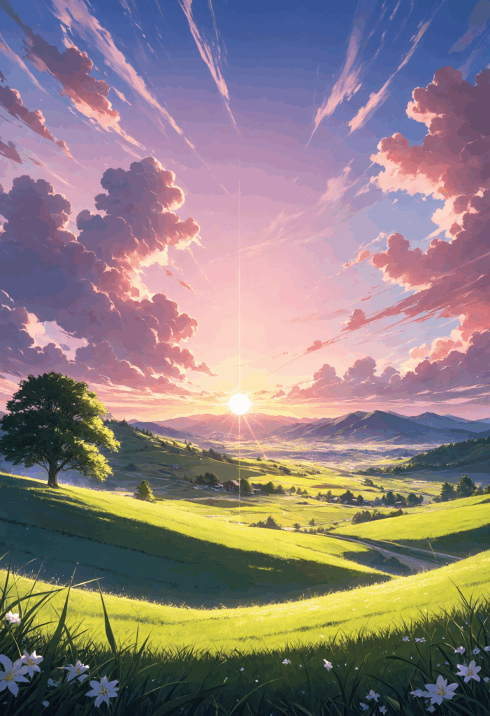 Anime sunset over rolling hills