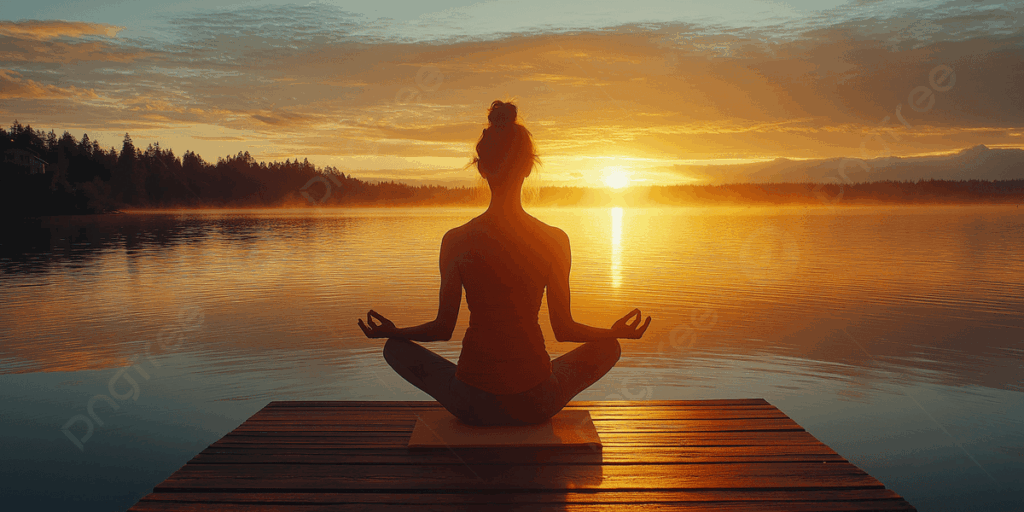 Pngtree woman meditating on a dock at sunrise over lake picture image