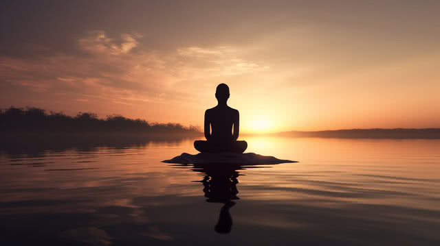 Pngtree meditation is in the lake at sunset image
