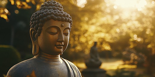 A close up of the Buddhas face, with sunlight filtering through