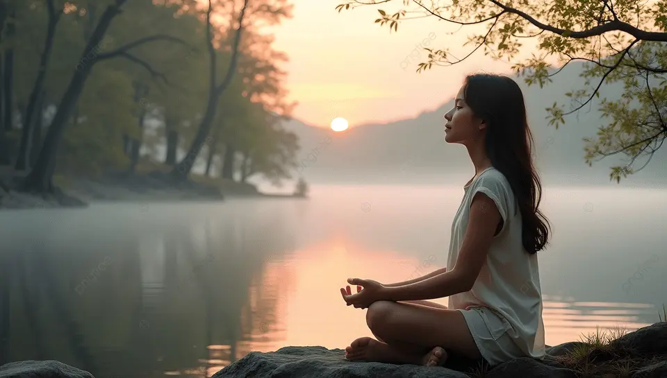 Pngtree peaceful girl practicing mindfulness near foggy lake image